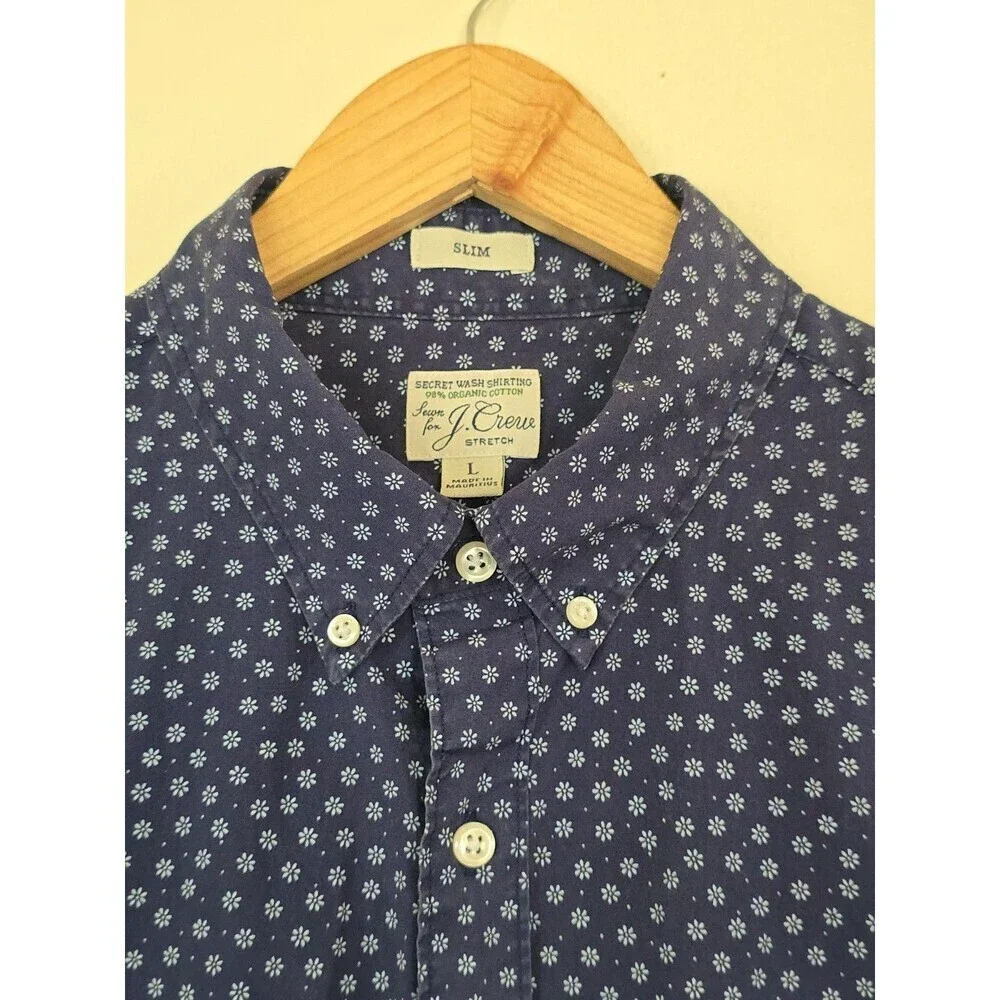 J.Crew Mens Large Slim Secret Wash Shirt Blue Floral Organic Cotton Stretch